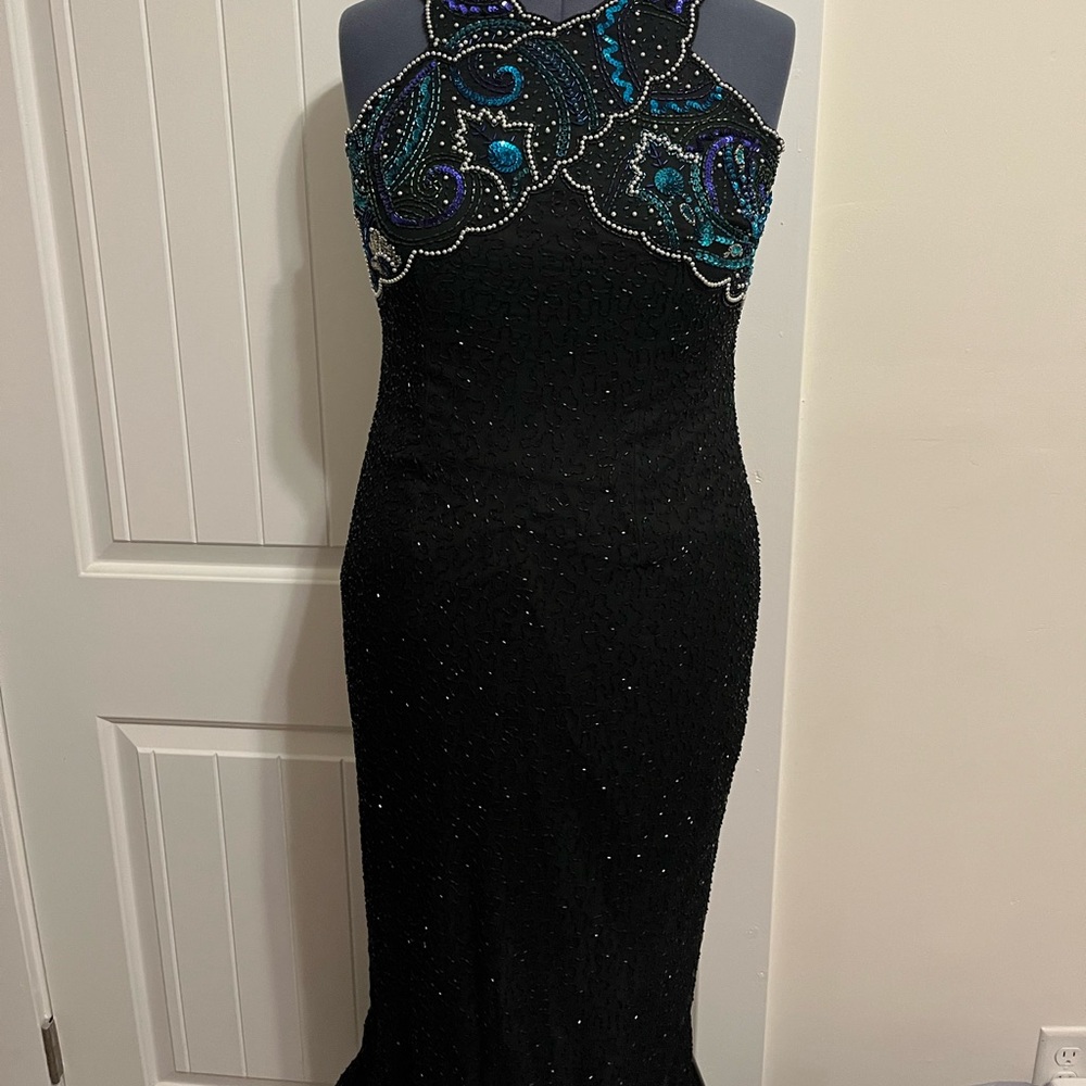 Laurence Kazar Strapless Black Dress with Blue Accents